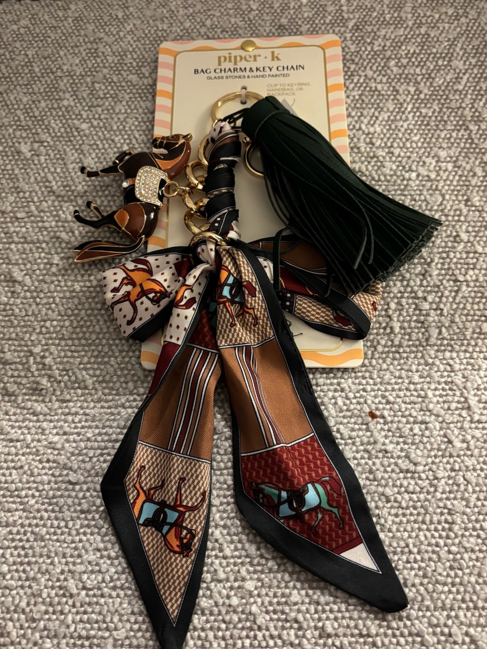 Piper•luxe Horse-Print Scarf Tassel Key Chain in Dark Green & Brown